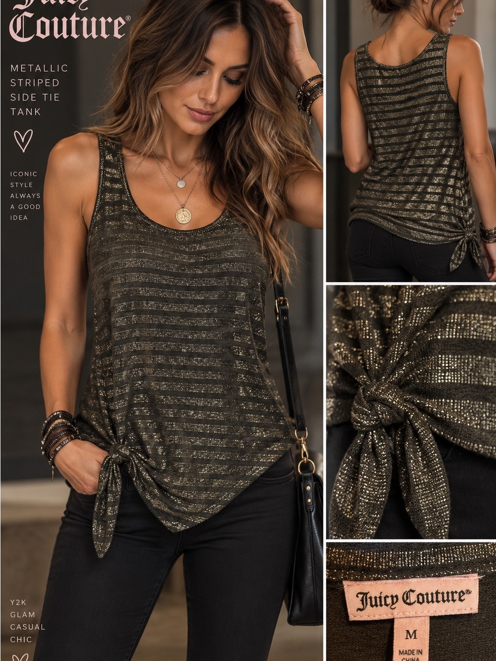 Juicy Couture Metallic Striped Side Tie Tank Top Olive Gold M